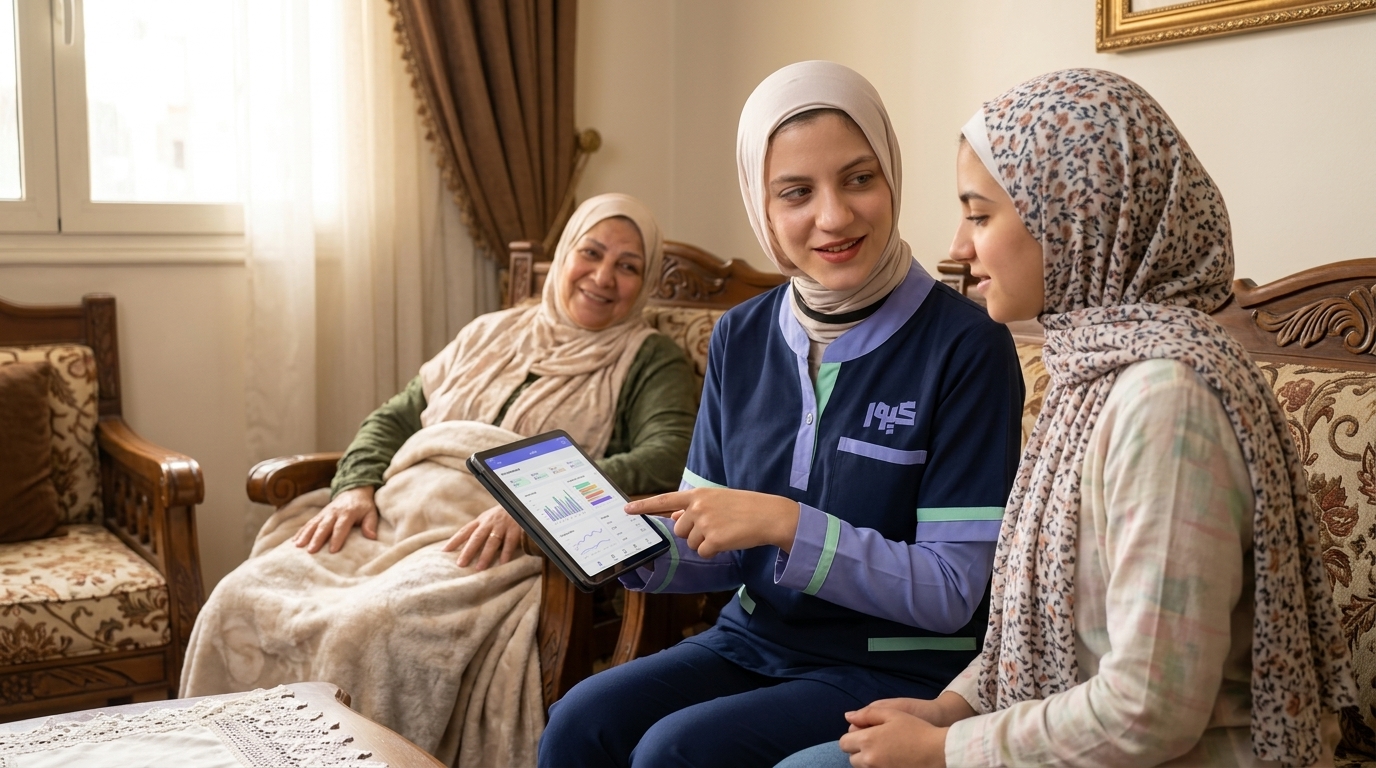 ممرضة كيور تشرح الخطة الطبية لأسرة المريض في المنزل